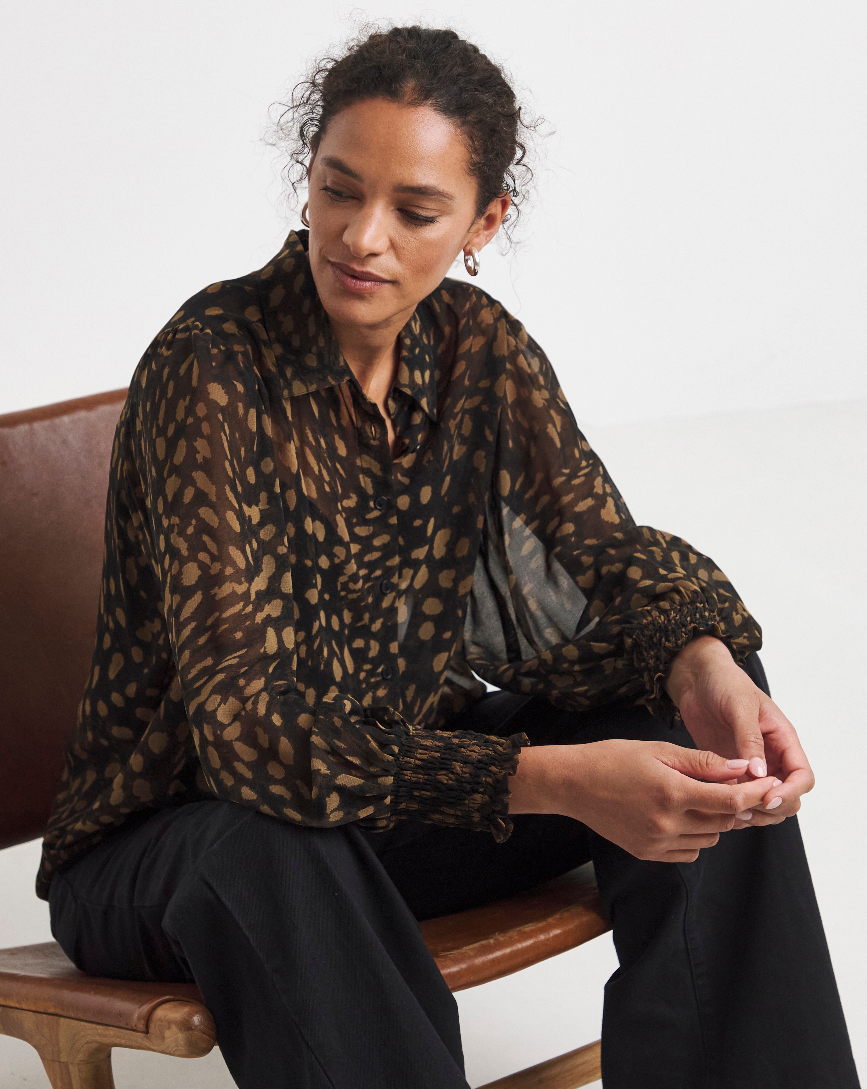 Printed Sleeve Shirred Cuff Shirt