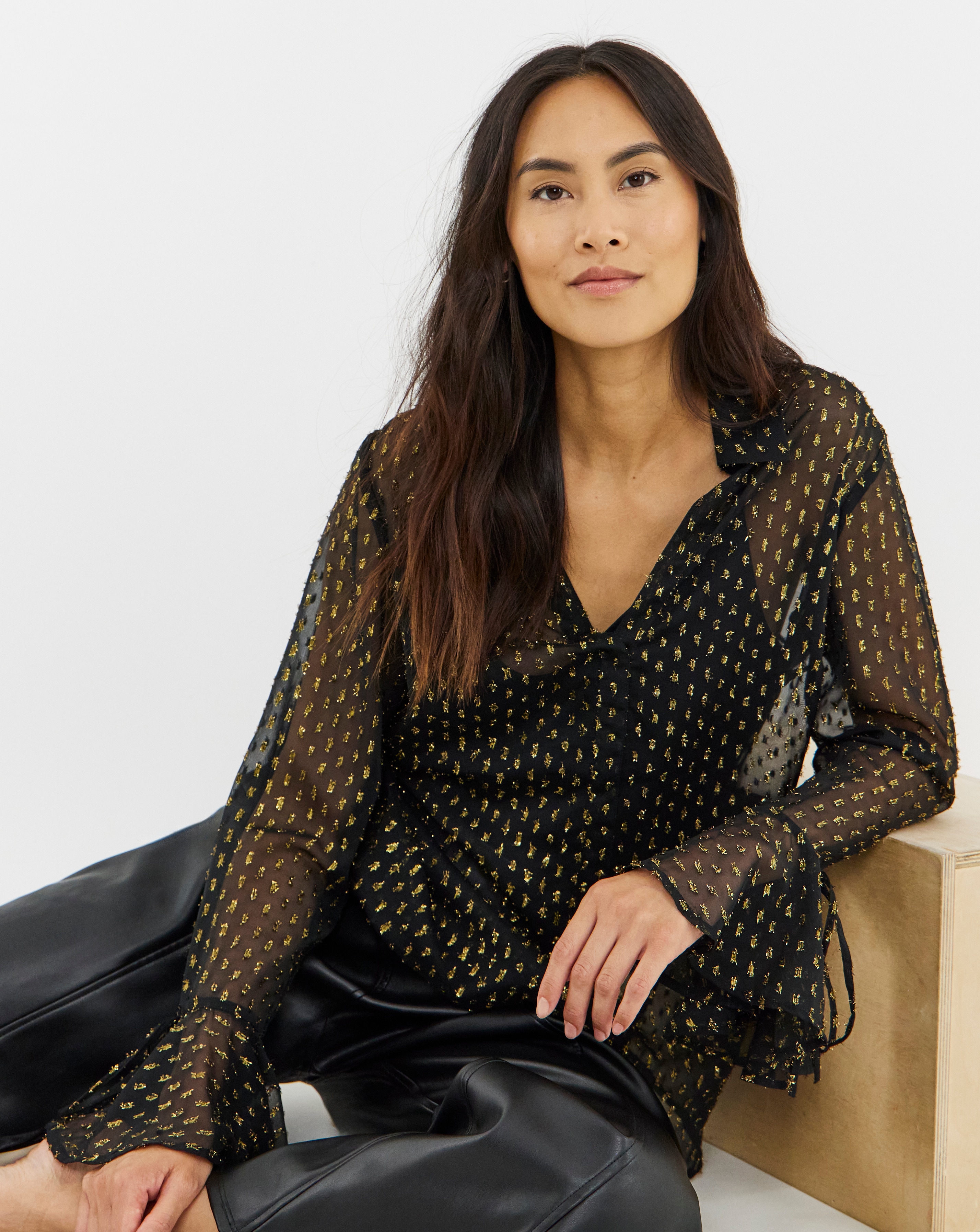 Metallic Spot Frill Cuff Blouse