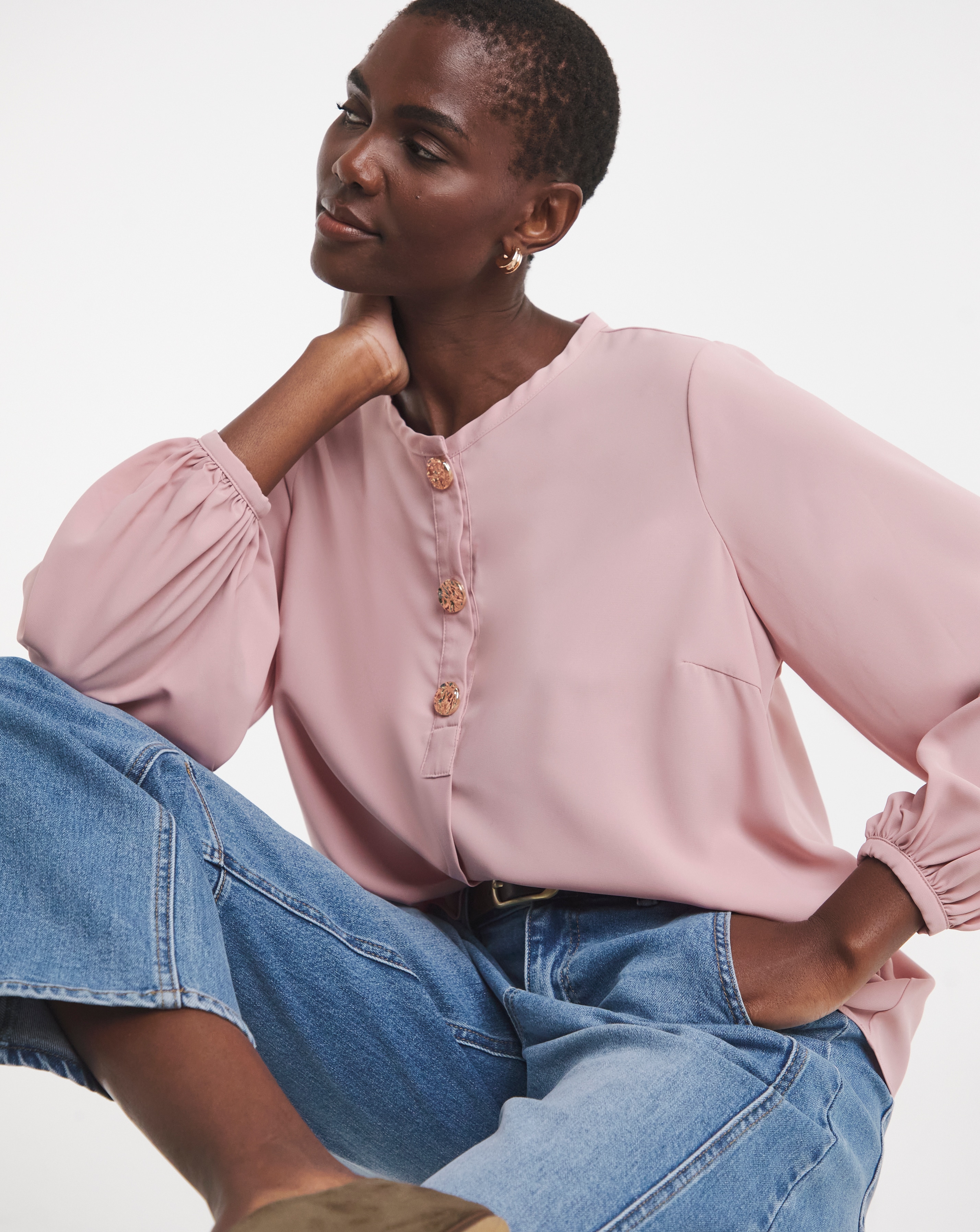 New In - Button Detail Volume Sleeve Blouse