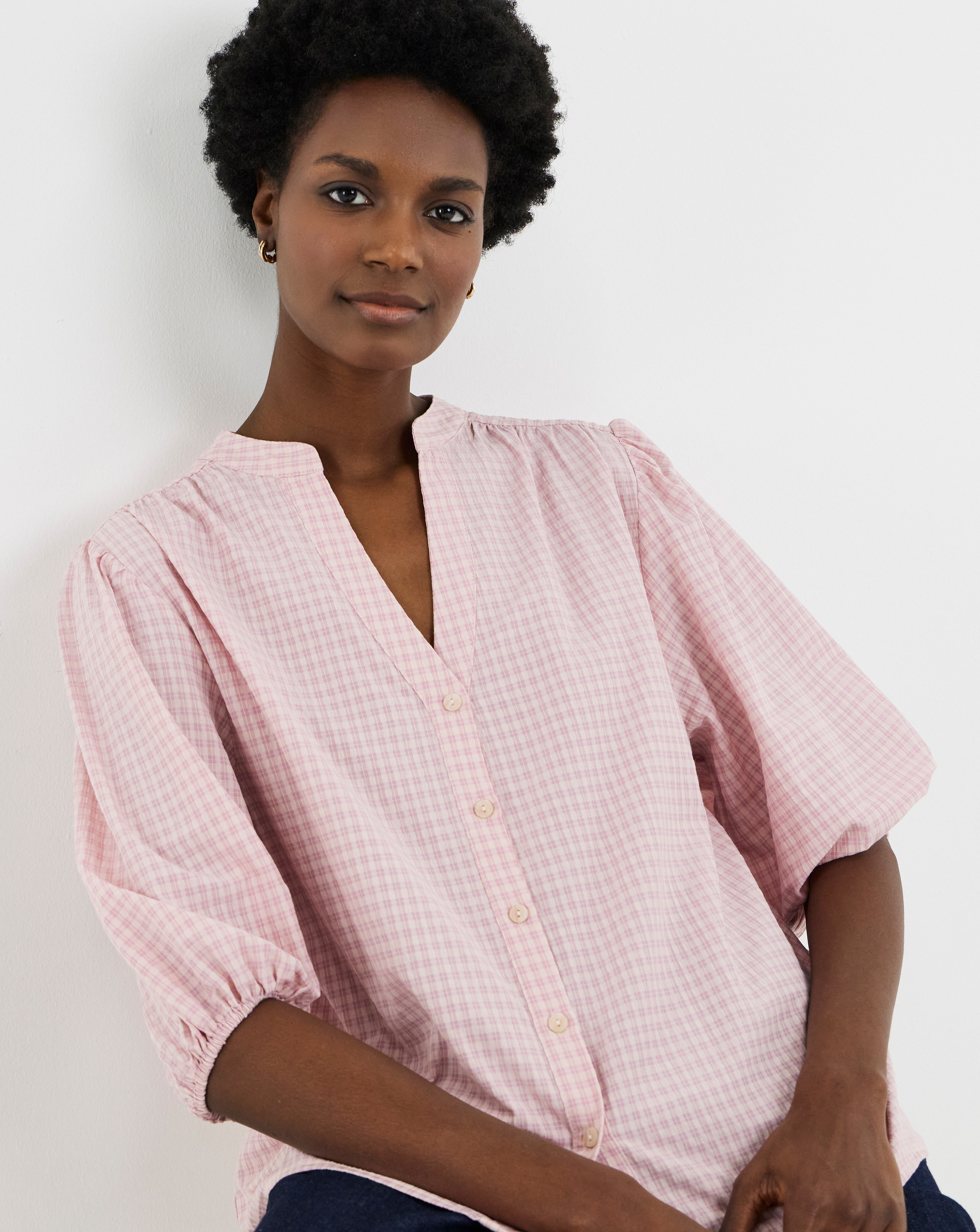 New In - Check Collarless Blouse