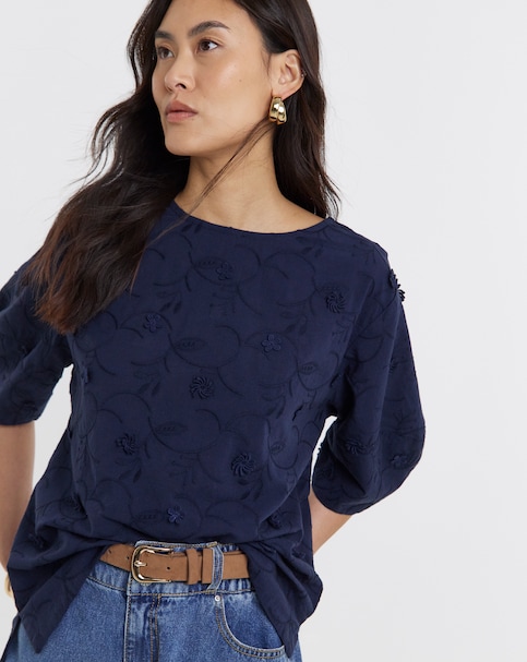 3D Floral Structured Short Sleeve Top