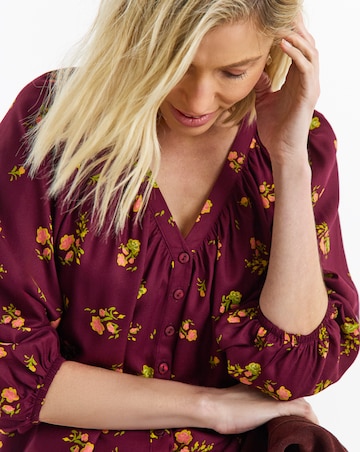 Black Floral Collarless Button Through Blouse
