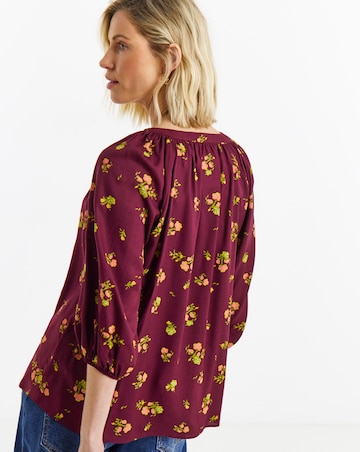 Black Floral Collarless Button Through Blouse