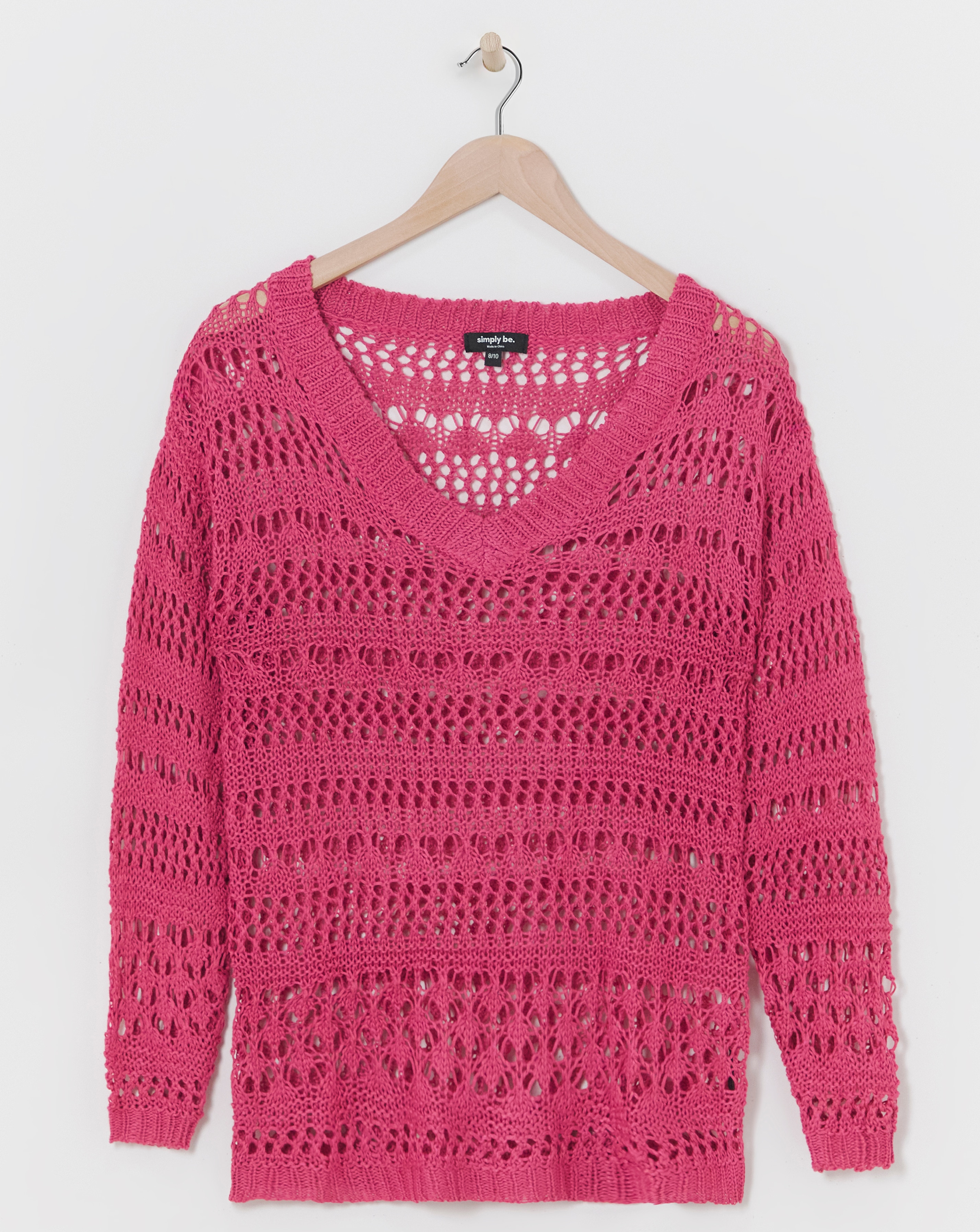Pink Wide V Neck Crochet Jumper