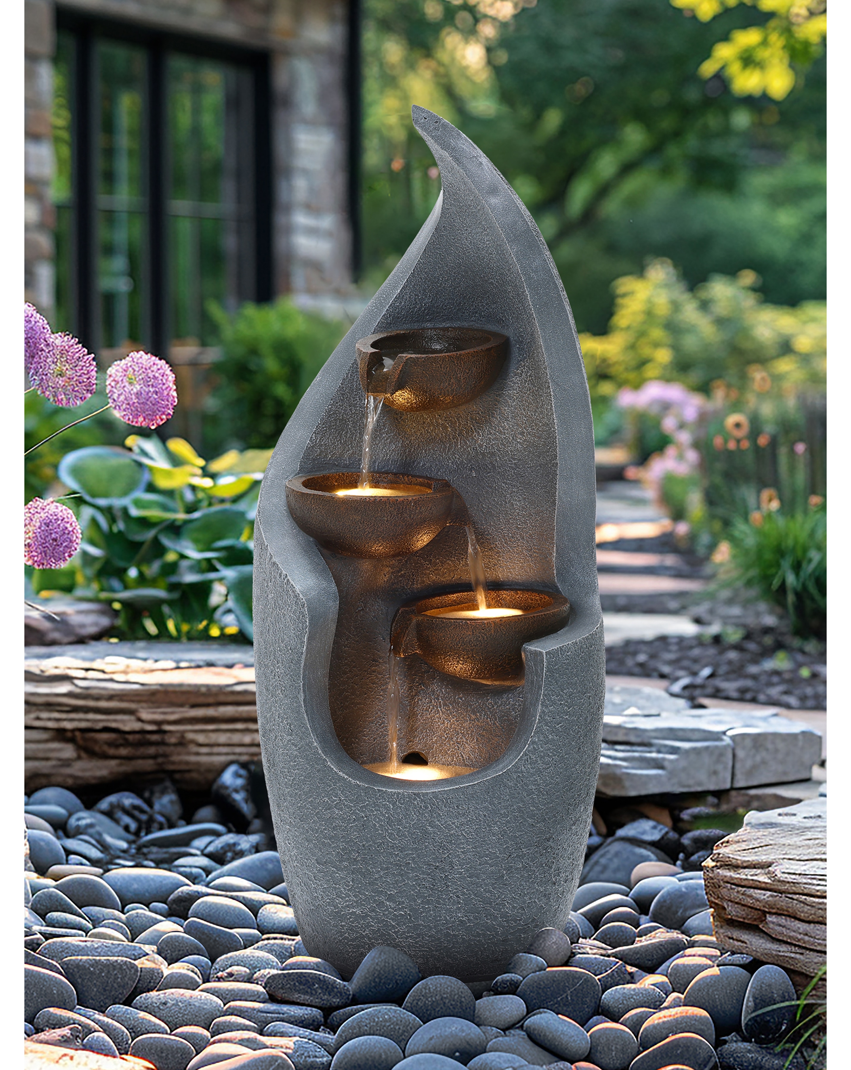 Charles Bentley 3 Tier Cascading Bronze Bowls Warm White Garden Water Feature