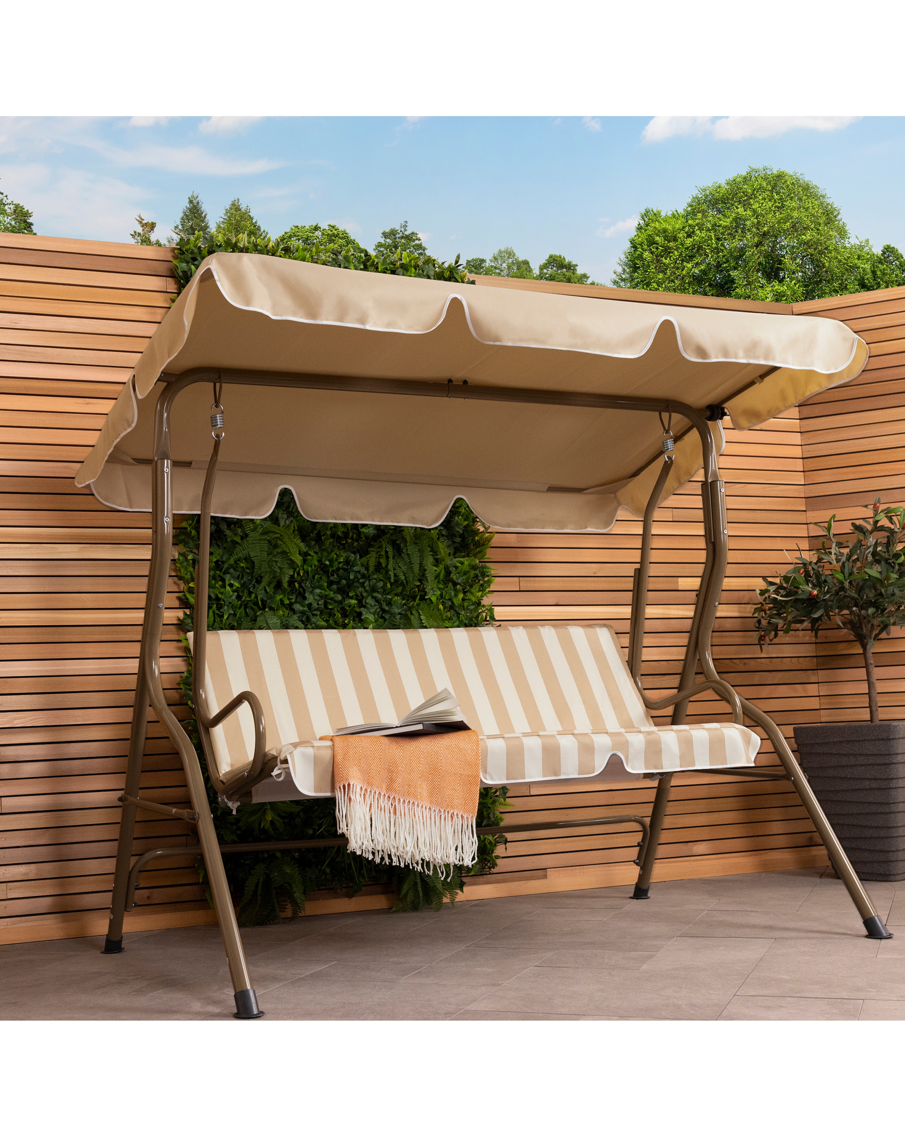 Charles Bentley 2 Seater Garden Swing Seat - Beige & White Stripe