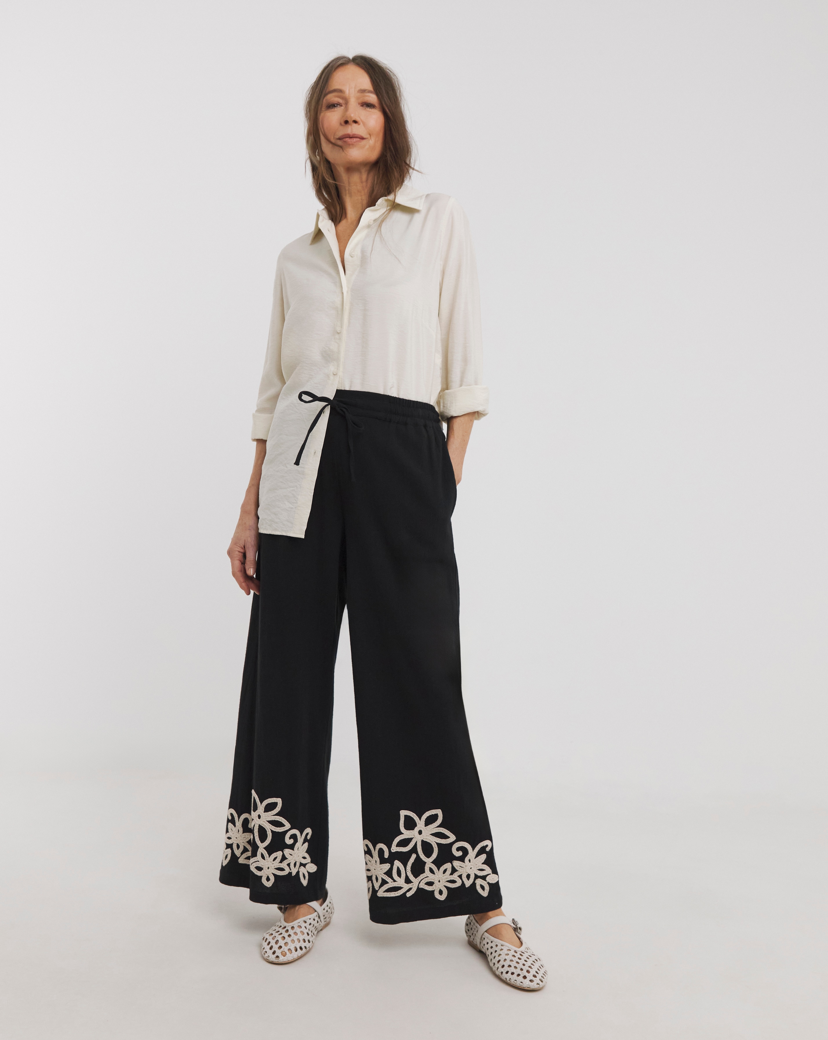 Cotton Embroidered Wide Leg Trousers