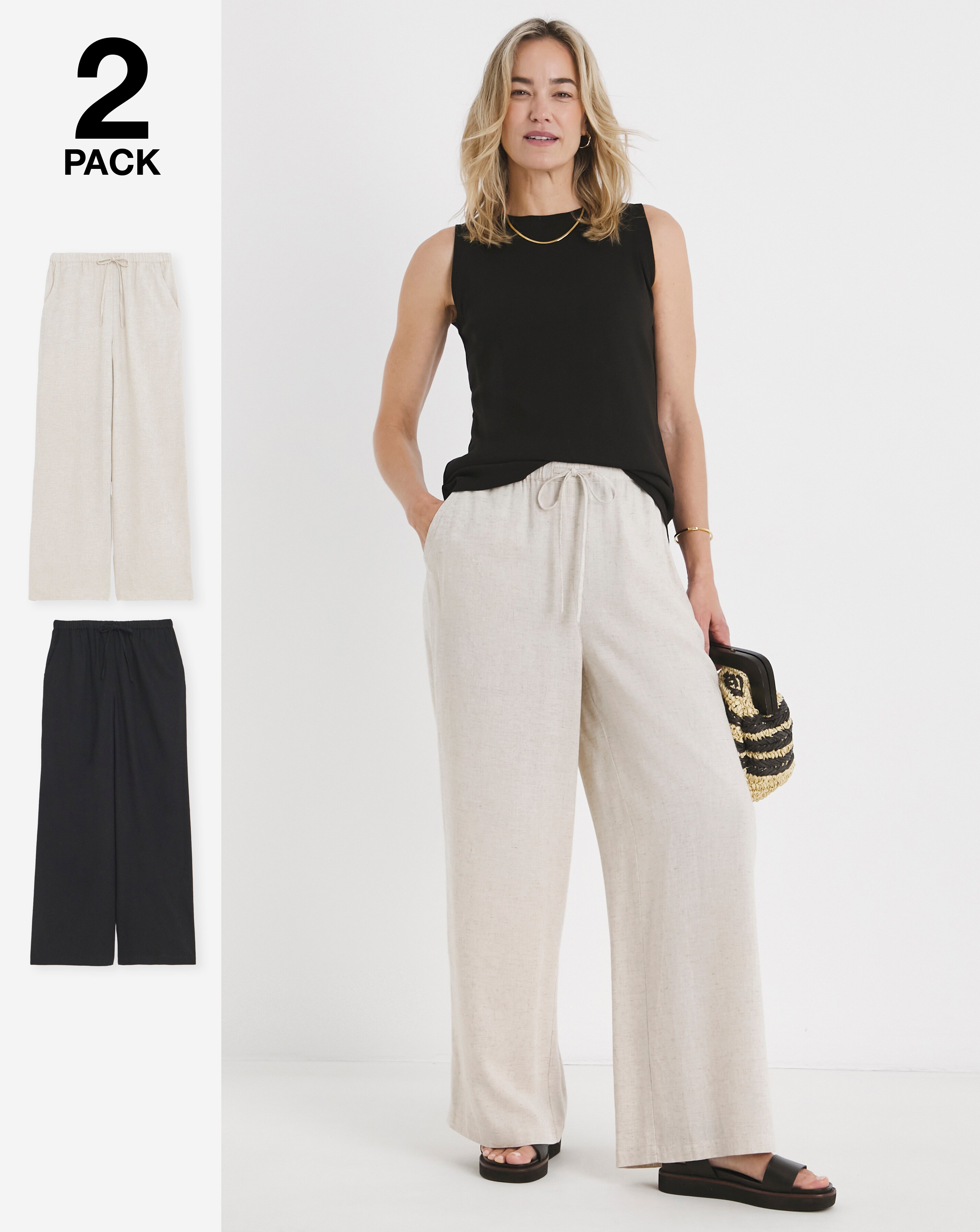 2 Pack Linen Wide Leg Trousers