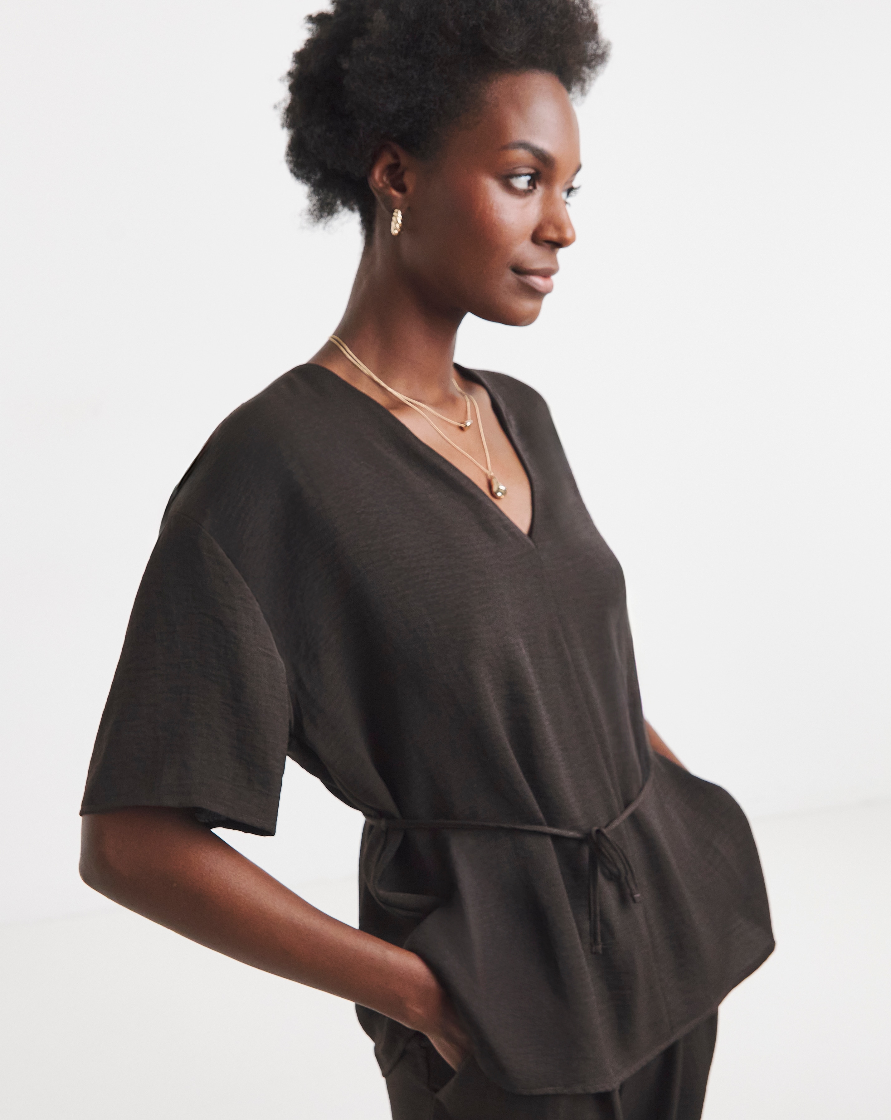 Chocolate Boxy Tie Waist Top Co-ord