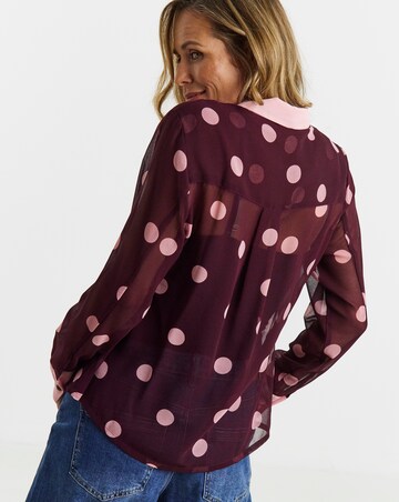 Burgundy Spot Contrast Collar Georgette Pintuck Shirt