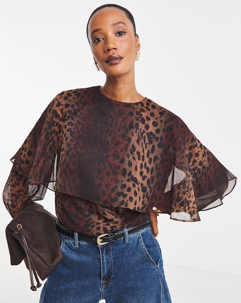 New In - Leopard Print Cape Chiffon Blouse
