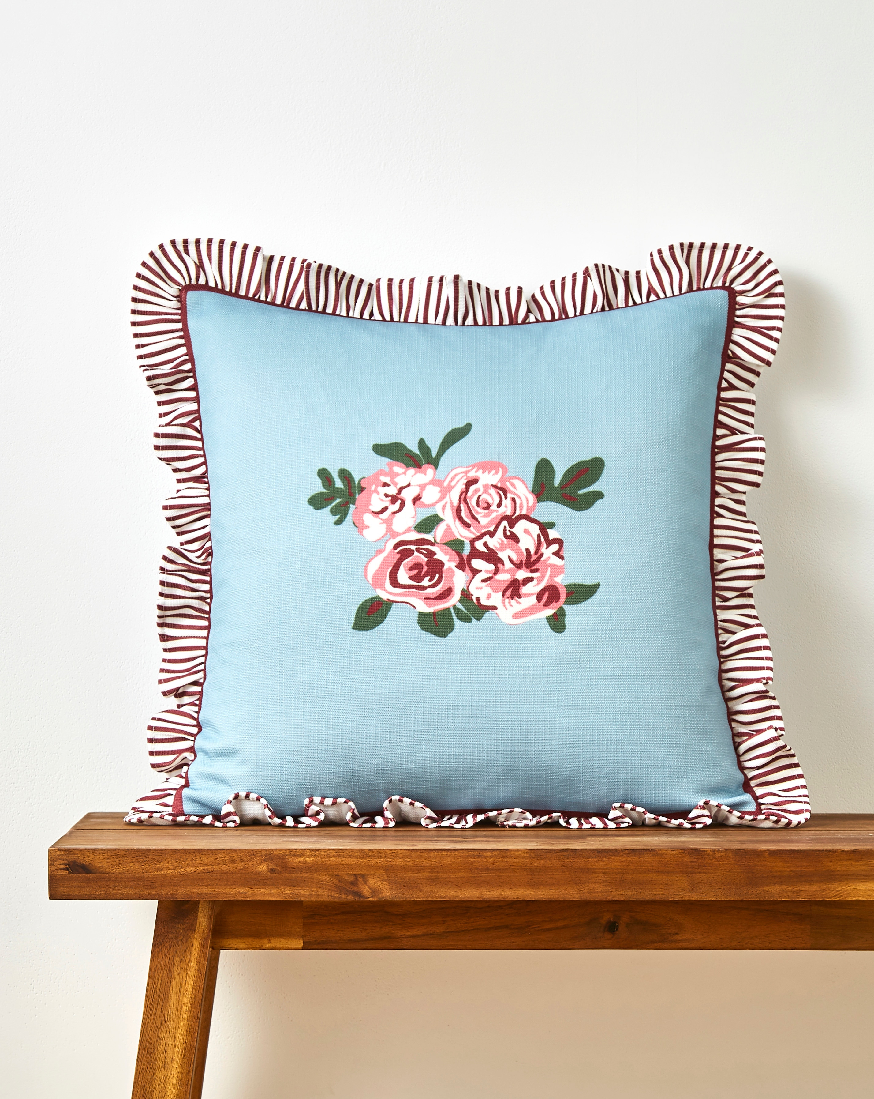 Bella Cushion with Striped Ruffled Edges