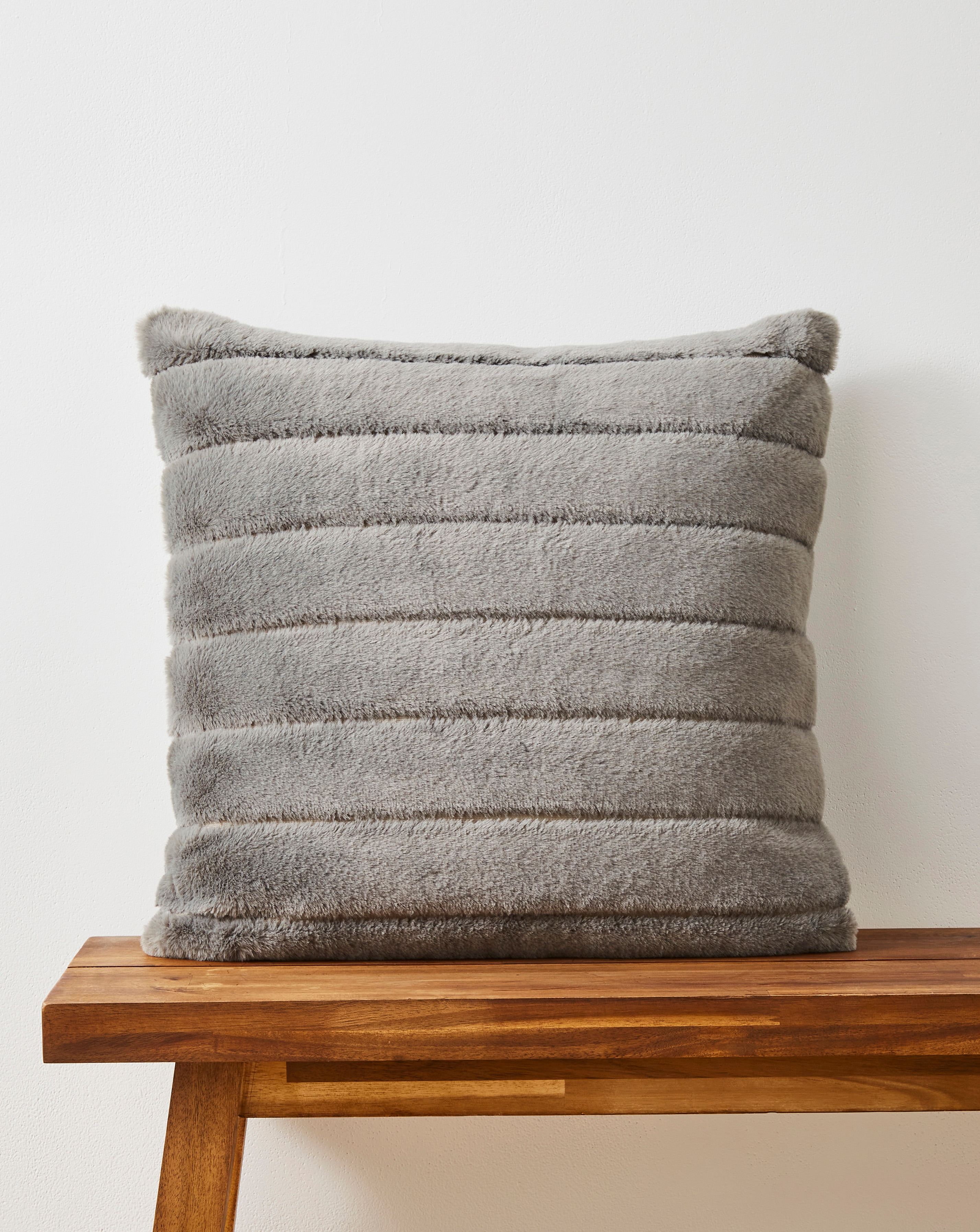 Large Ribbed Faux Fur Cushion - Grey