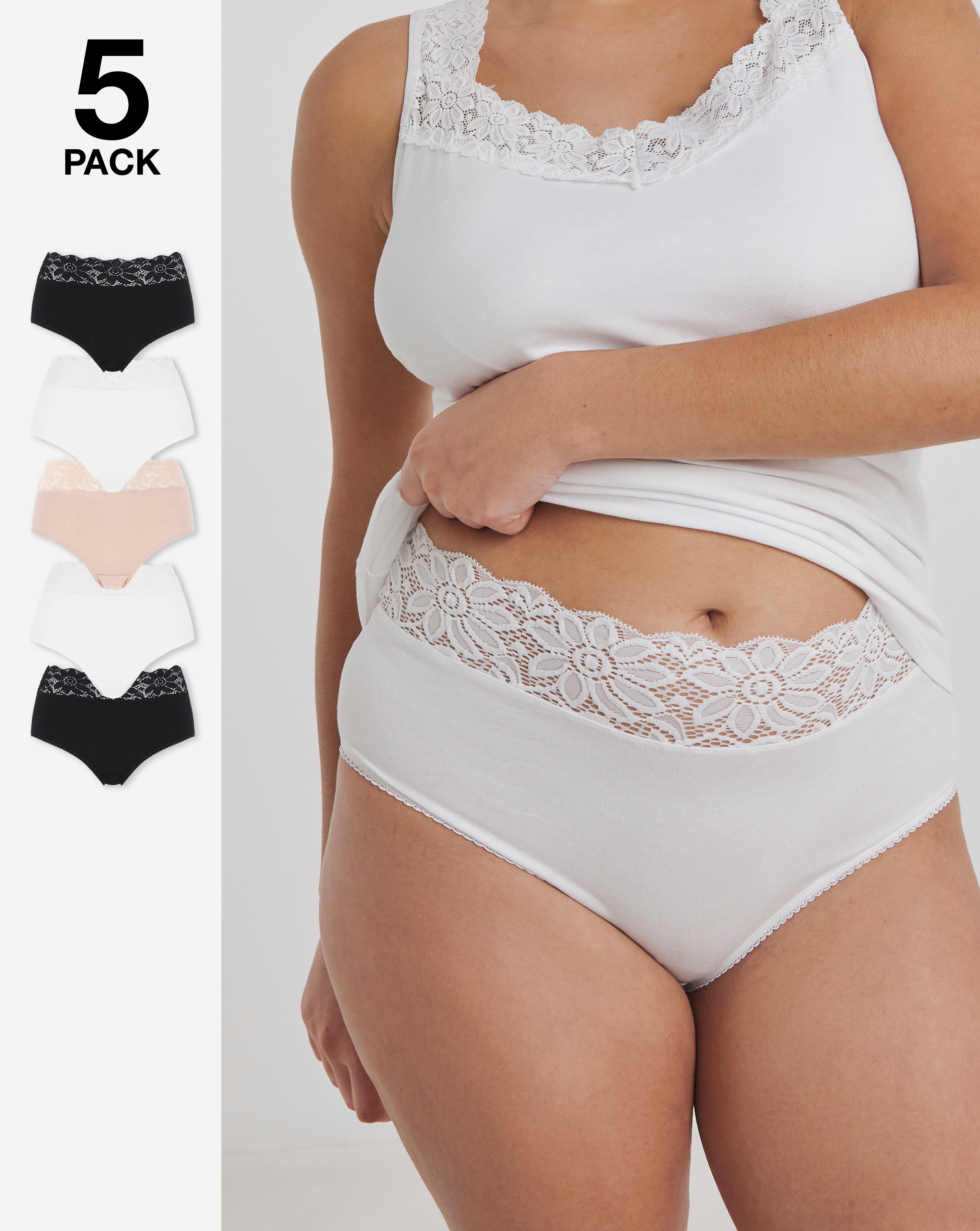 5 Pack Neutral Lace Top Full Fit Briefs