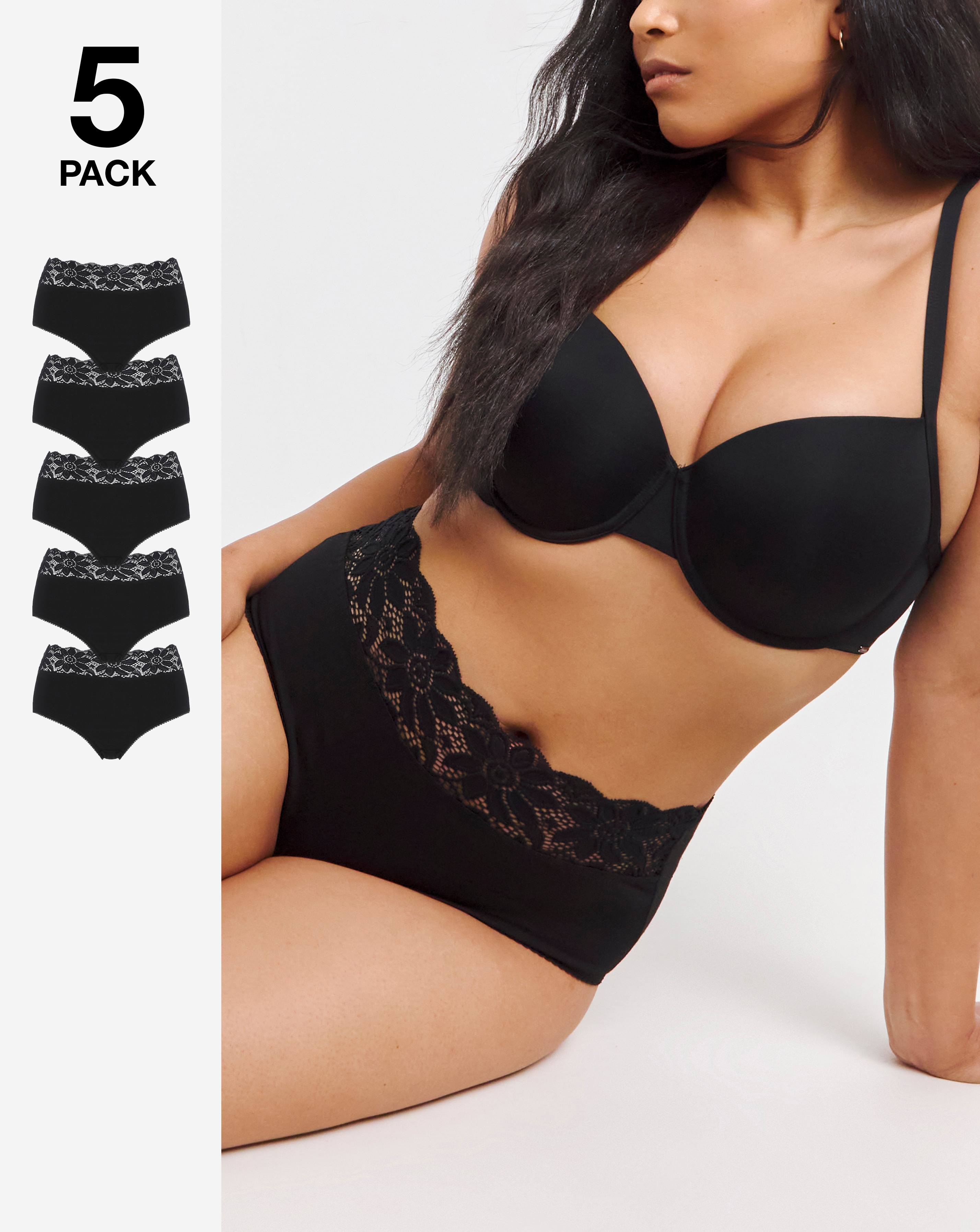 5 Pack Black Lace Top Full Knickers