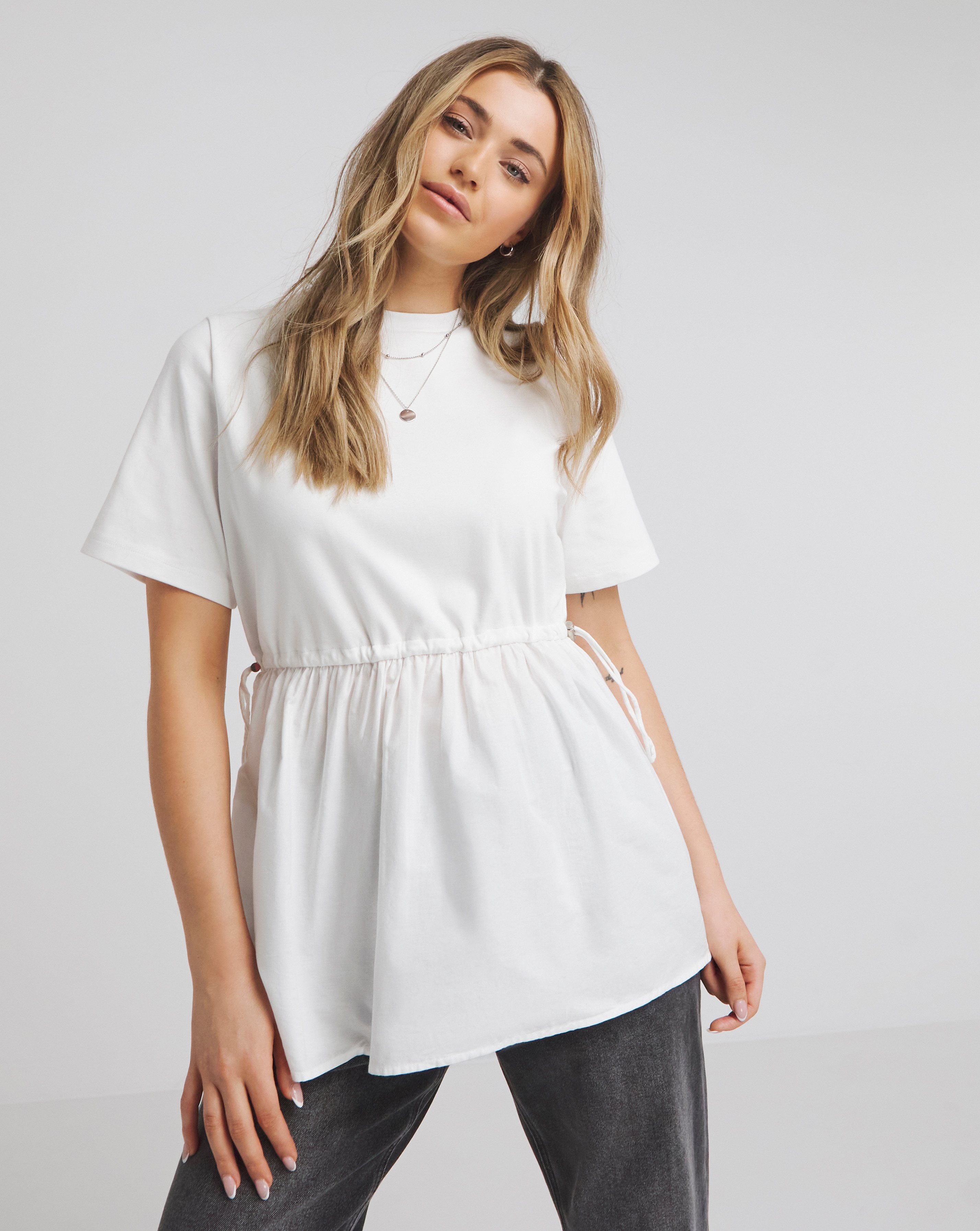 Jersey Poplin Mix Drawstring Top