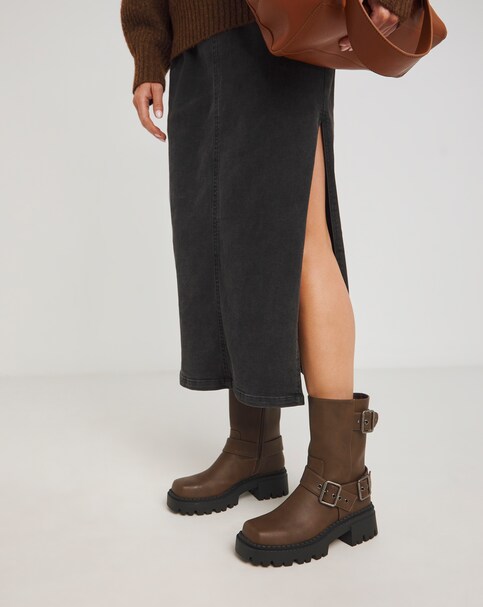 Chunky Buckle Ankle Biker Boot Ex Wide