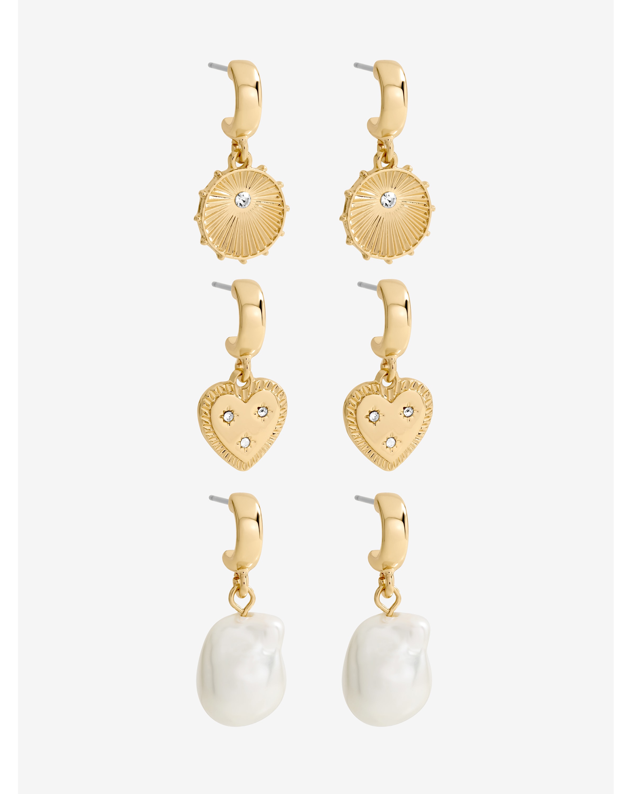 New In - Gold Charm Pearl Earrings - Pack of 3