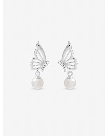 Inicio Sterling Silver Plated Polished Butterfly Pearl Drop Earrings