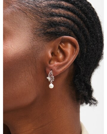 Inicio Sterling Silver Plated Polished Butterfly Pearl Drop Earrings