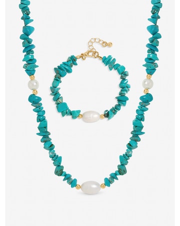 Mood Gold Plated Turquoise and Pearl Beaded Set
