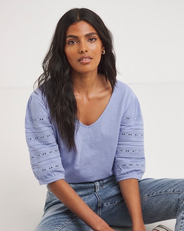 Soft Blue Broderie Sleeve Detail V-Neck Cotton Top
