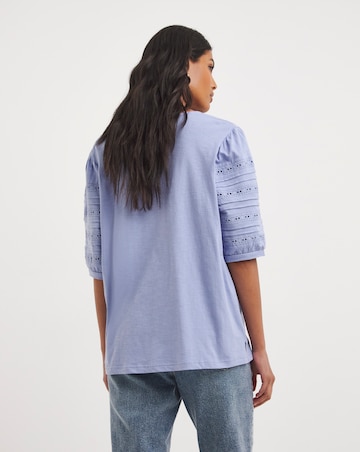 Soft Blue Broderie Sleeve Detail V-Neck Cotton Top