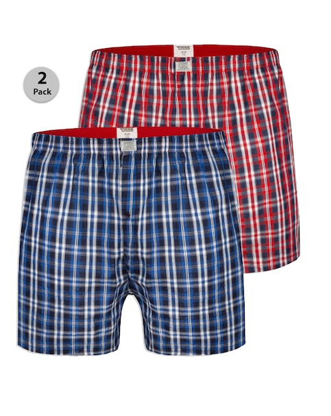 D555 Big & Tall Plaid Pack of 2 Woven Boxer Shorts - (Navy/Red)