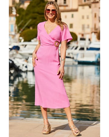 Sosandar Angel Sleeve Wrap Linen Buckle Detail Midi Dress