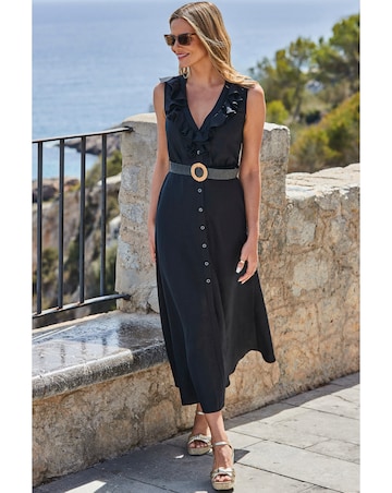 Sosandar Linen Blend Ruffle Detail Button Front Dress