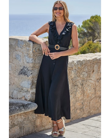 Sosandar Linen Blend Ruffle Detail Button Front Dress