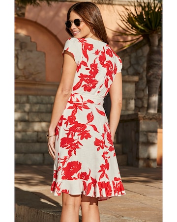 Floral Printed Linen Belted Angel Sleeve Wrap Fit and Flare