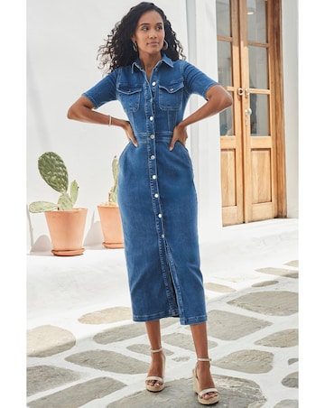 Sosandar Short Sleeve Button Front Denim Midaxi Dress