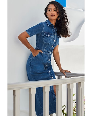 Sosandar Short Sleeve Button Front Denim Midaxi Dress