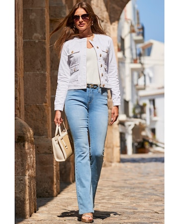 Sosandar White Round Neck Pocket Front Denim Jacket