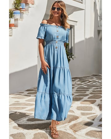 Sosandar Denim Shirred Waist Bardot Fit and Flare Maxi Dress