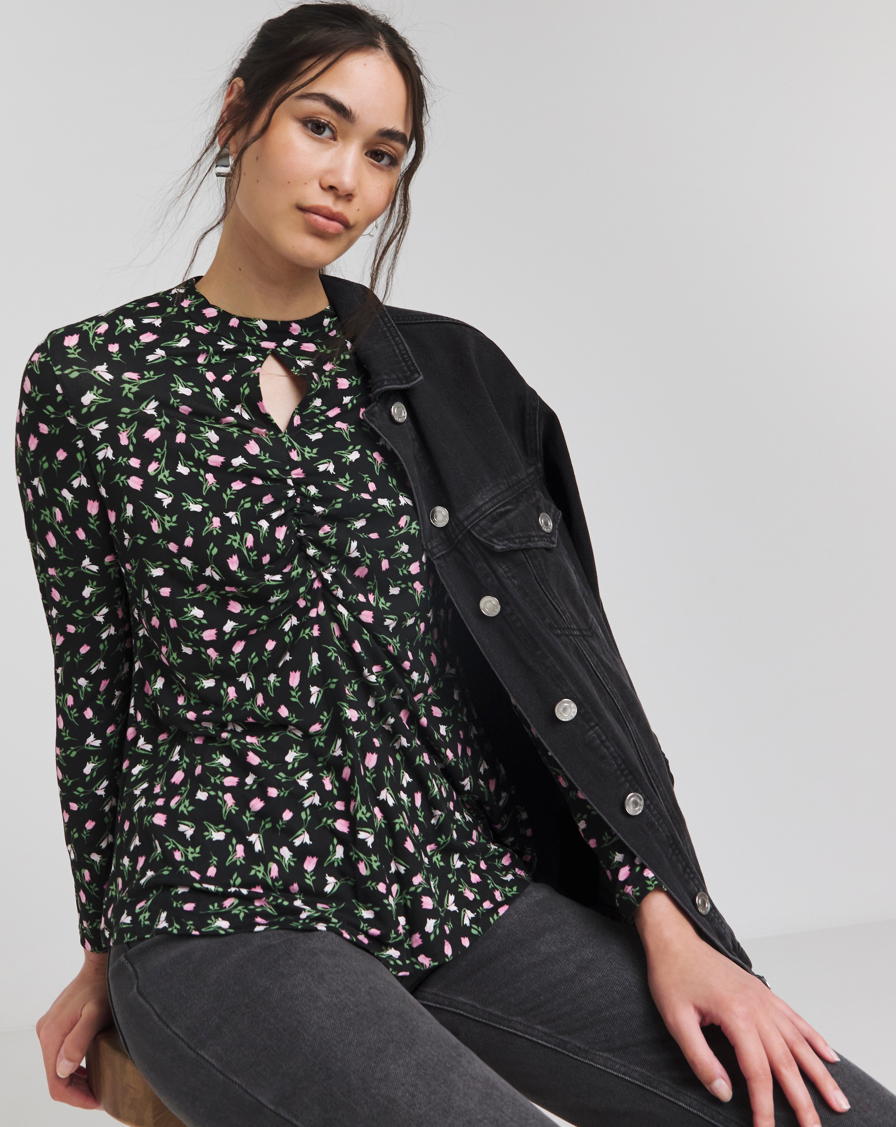 Black Floral Supersoft Key Hole Top