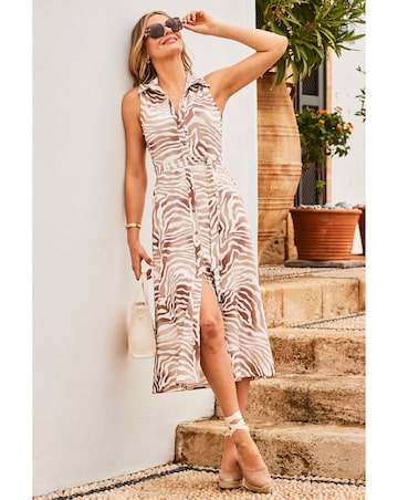 Sosandar Natural Zebra Print Sleeveless Jersey Shirt Dress