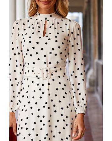 Sosandar Ivory and Black Spot Print Keyhole Detail Belted Fit and Flare Dress