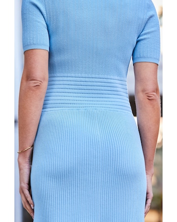 Sosandar Blue Gold Button Flippy Hem Knit Dress