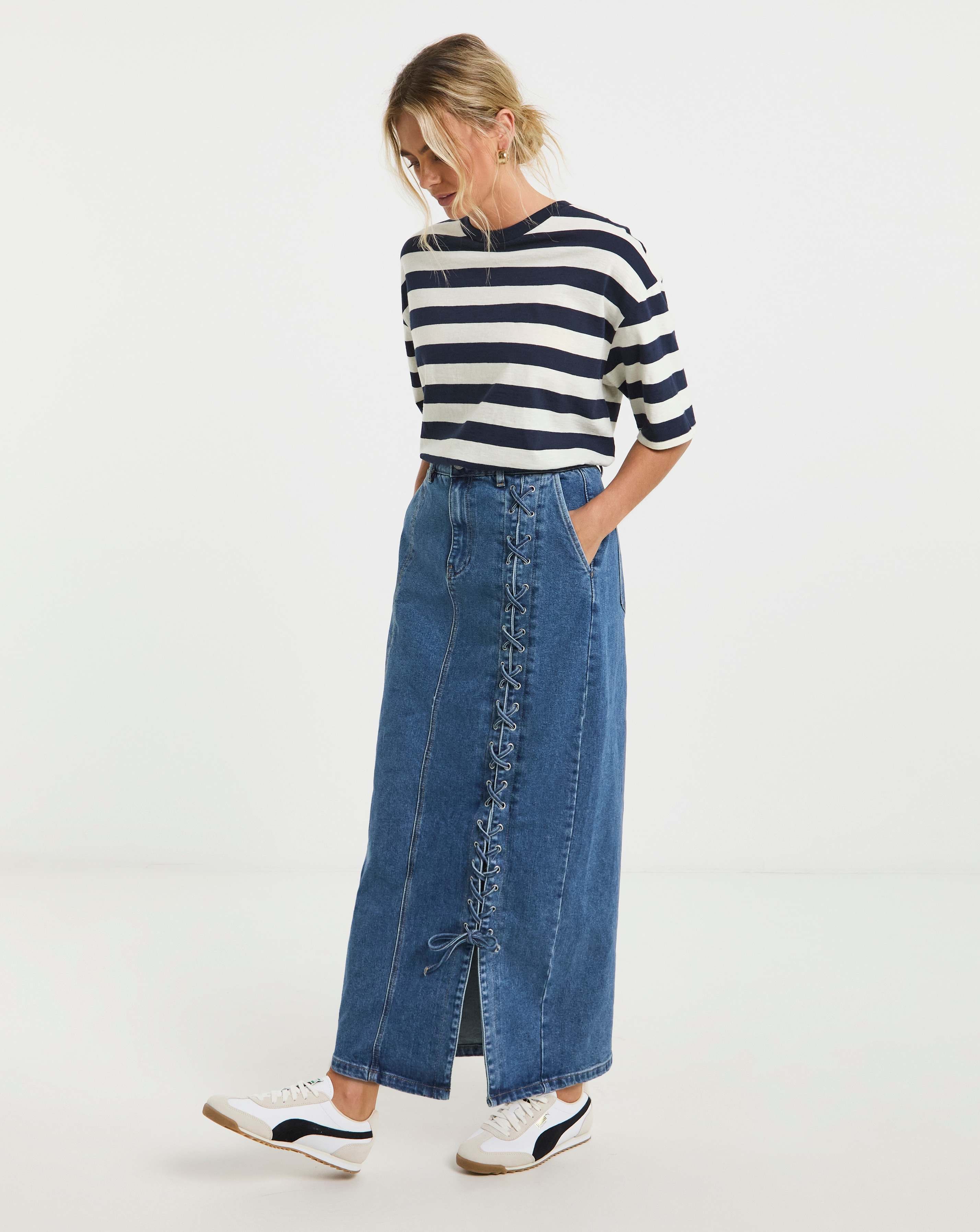 Blue Lace Detail Denim Maxi Skirt