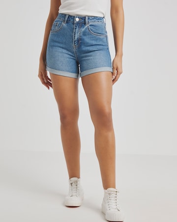 Mid Blue Roll Hem Mom Shorts
