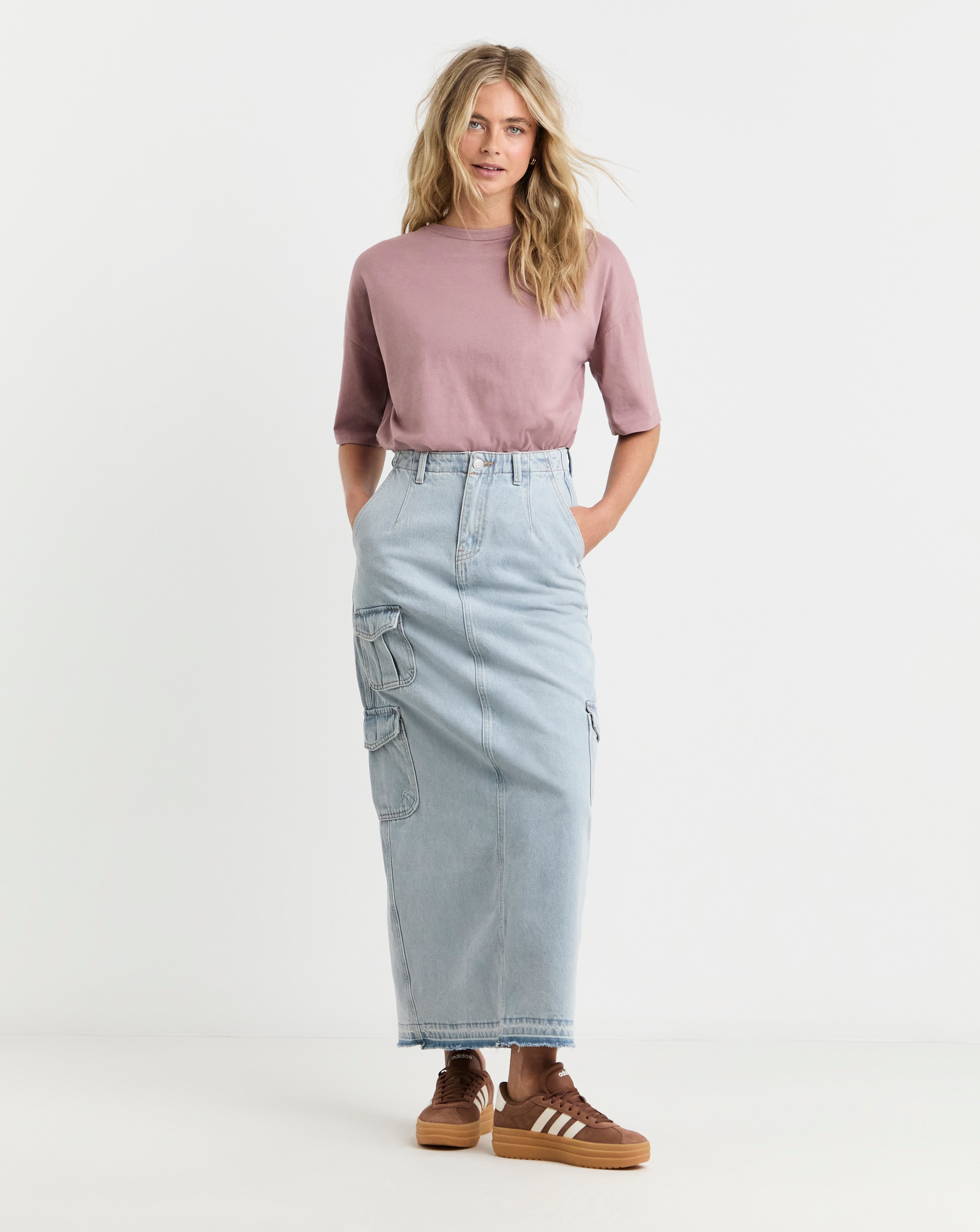 Light Utility Cargo Denim Maxi Skirt