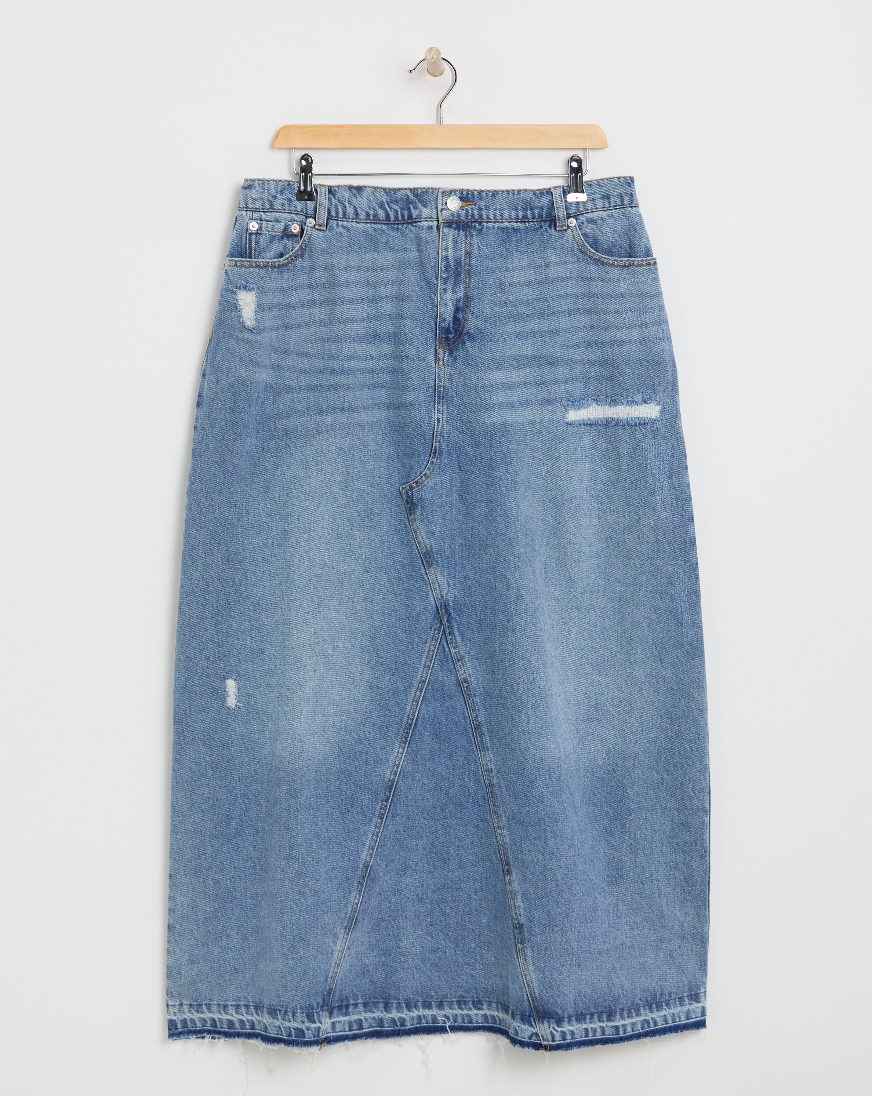 Light Rip and Repair Denim Maxi Skirt